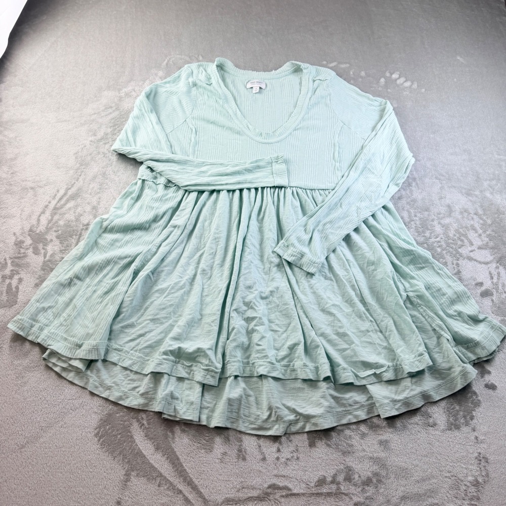 True Craft Women's 2X Mint Green Ribbed V-Neck Long Sleeve Babydoll Tunic Top